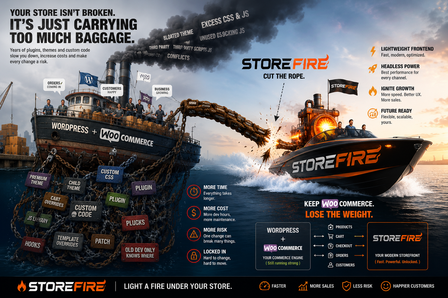A store weighed down by themes, plugins and page builders — Storefire cuts it loose