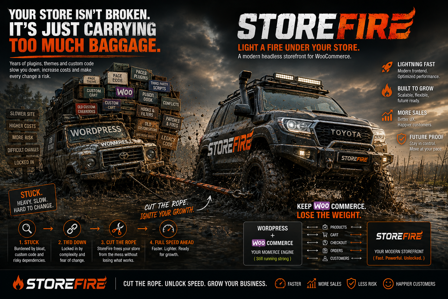 Storefire infographic — what changes when the storefront is separated from WooCommerce
